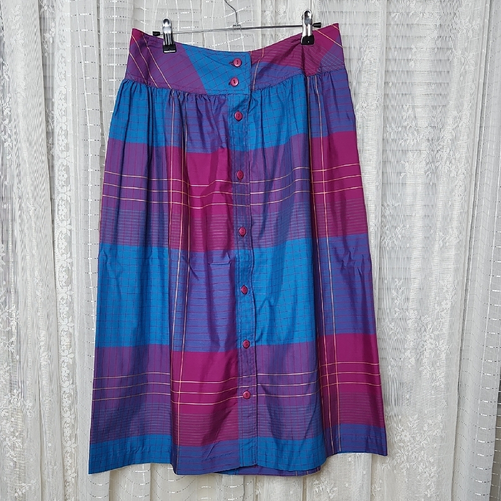 Vintage Jaclyn Smith Colorful Plaid A-Line Button Skirt Blue Purple Pink Sz14